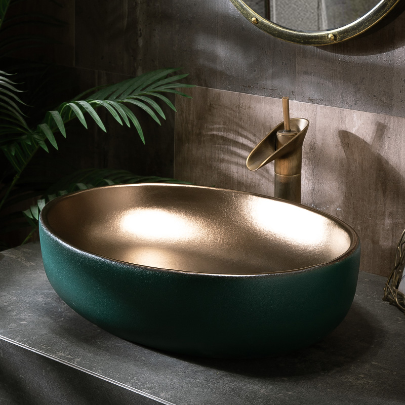 Outside dark green inside gold European-style countertop basin Nordic style ceramic washbasin artist with simple dressing room washbasin countertop