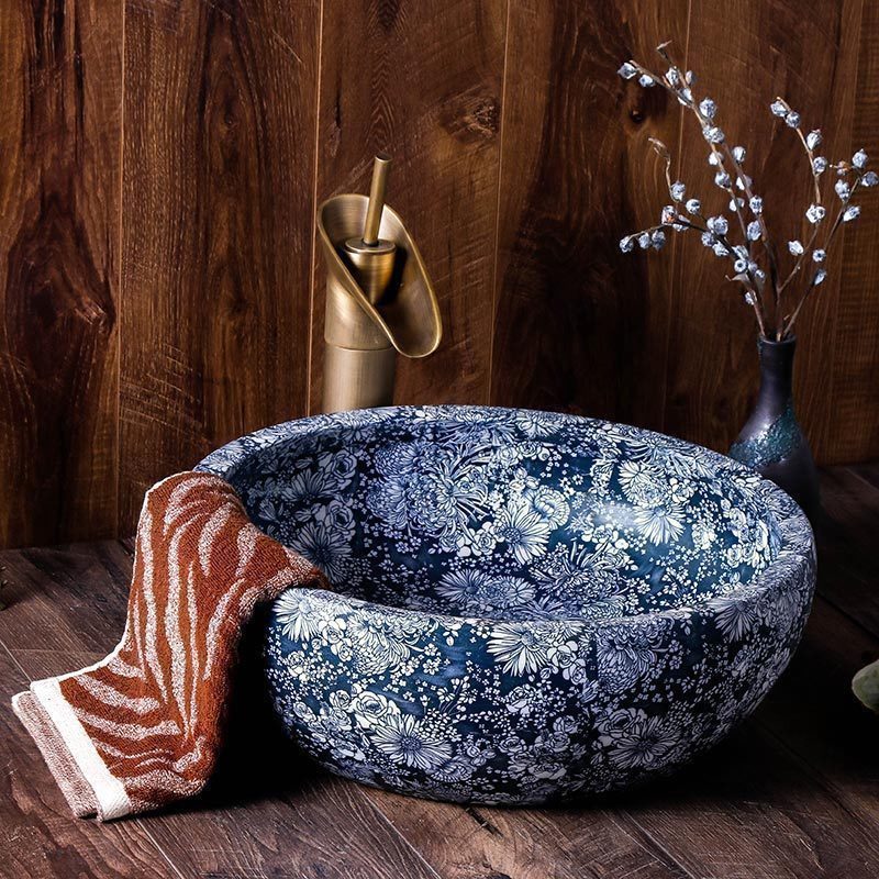 Sink on blue and white round Chinese style restoring ancient ways the hotel toilet basin of jingdezhen ceramic art dish washing basin