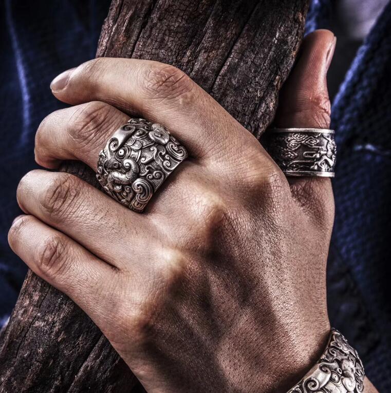 vulcan kui bull 925 silver ring male full silver XII zodiac china wind Volgan silver decorated ring bull ring