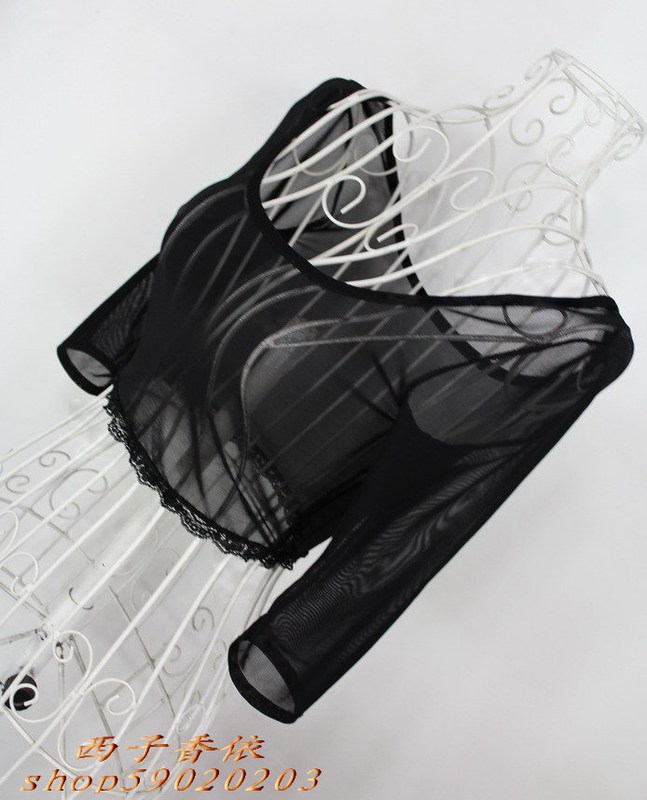 Half-Neck, Mid-Length Sleeve, Mesh, Low-Cut U-Neck, Transparent Base Shirt with Three-Quarter Sleeves, Lace T-Shirt, Plus Size