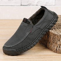 Old Beijing cloth shoes mens two cotton winter plus velvet warm soft bottom ox non-slip trend Joker canvas casual shoes