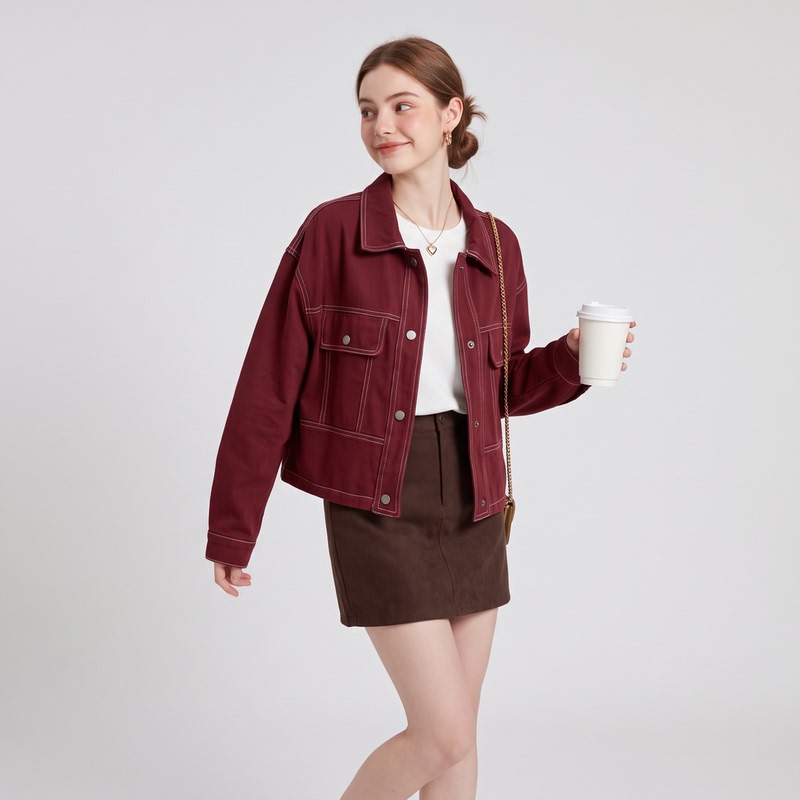 Ankora Red Short Denim Jacket for Women, Autumn 2026 New Vintage Style with Turn-Down Collar and Visible Stitching Pockets, Workwear Jacket Ankora Red Short Denim Jacket for Women, Autumn 2026 New Vintage Style with Turn-Down Collar and Visible Stitching Pockets, Workwear Jacket
