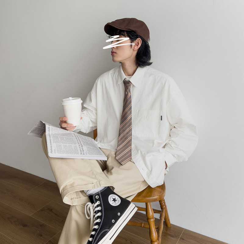Soda Studio Japanese-Style Unisex White Long-Sleeve Shirt Youthful Casual Spring and Autumn Solid Color Versatile Shirt Soda Studio Japanese-Style Unisex White Long-Sleeve Shirt Youthful Casual Spring and Autumn Solid Color Versatile Shirt