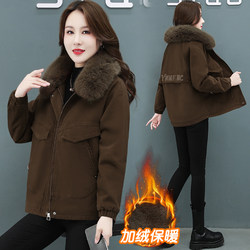 Velvet thickened parka jacket ຝ້າຍສໍາລັບແມ່ຍິງສັ້ນ 2023 ປີນີ້ຮ້ອນໃຫມ່ລະດູຫນາວຄໍເຕົ້າໄຂ່ຂະຫນາດໃຫຍ່ fur collar padded jacket denim