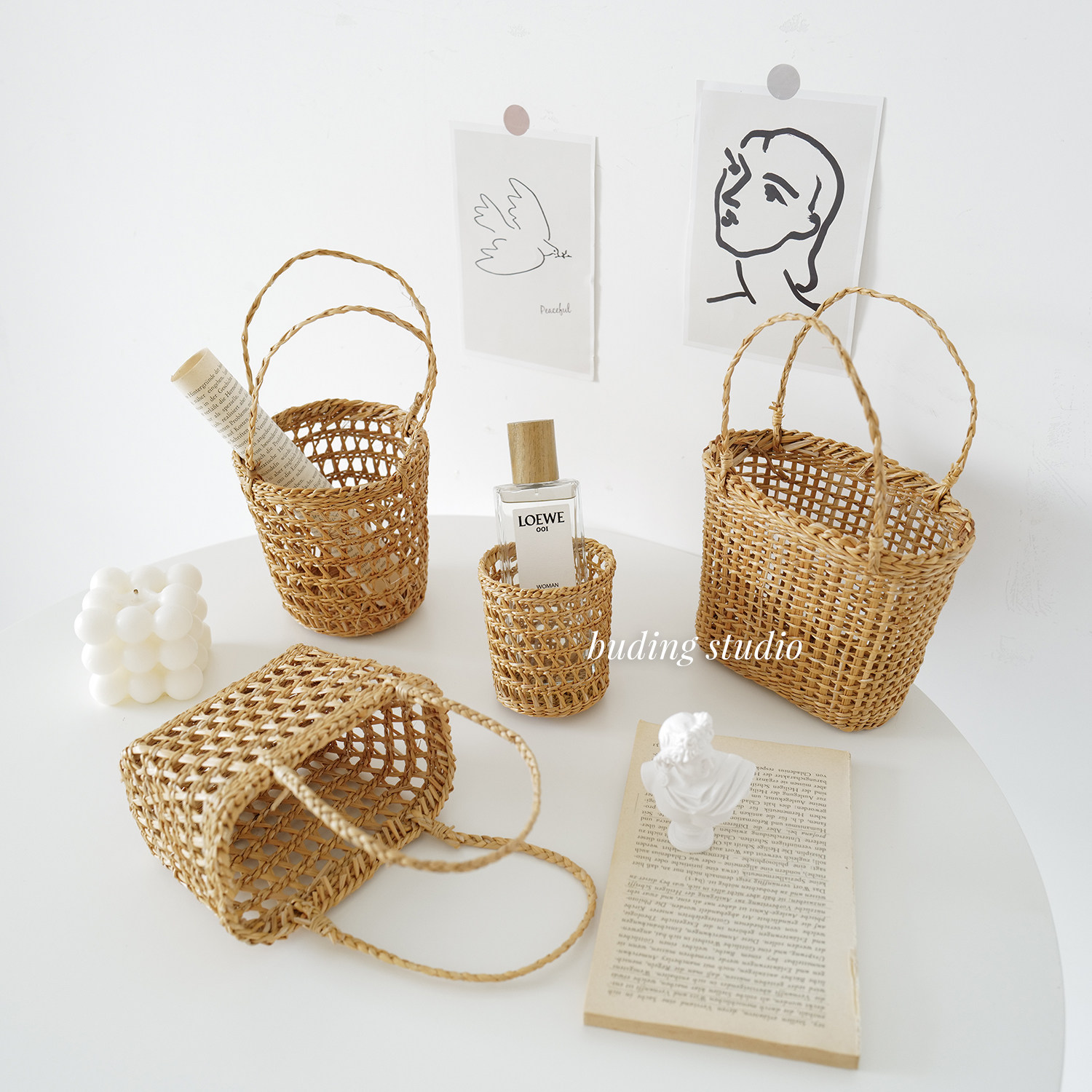 ins mini grass weave small basket hollowed-out handle basket net red photo prop photo background cloth decoration table top