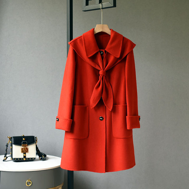 Autumn and winter new wool woolen coat women's personalized shawl square collar double-sided woolen mid-length solid color woolen coat