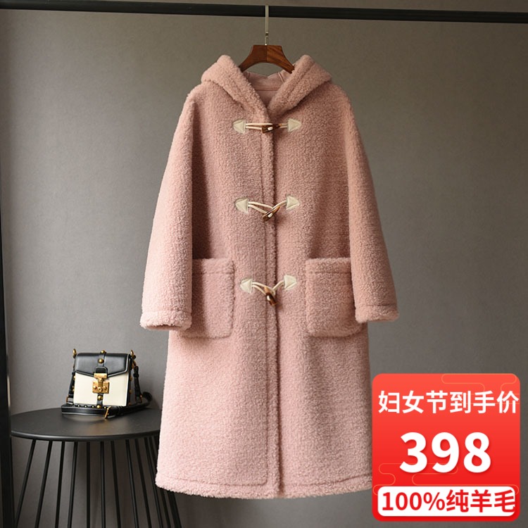 Autumn-winter new goat-cut velvet big coat female horn cingulum cap in long version wool fur integrated grain wool jacket