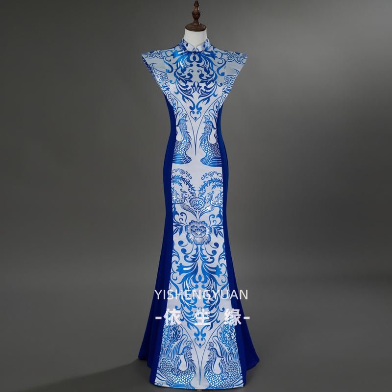 New Chinese-Style Retro Stand-Up Collar Improved Cheongsam Blue and White Porcelain Long Dress Performance Costume Elegant Slimming Fishtail Dress New Chinese-Style Retro Stand-Up Collar Improved Cheongsam Blue and White Porcelain Long Dress Performance Costume Elegant Slimming Fishtail Dress