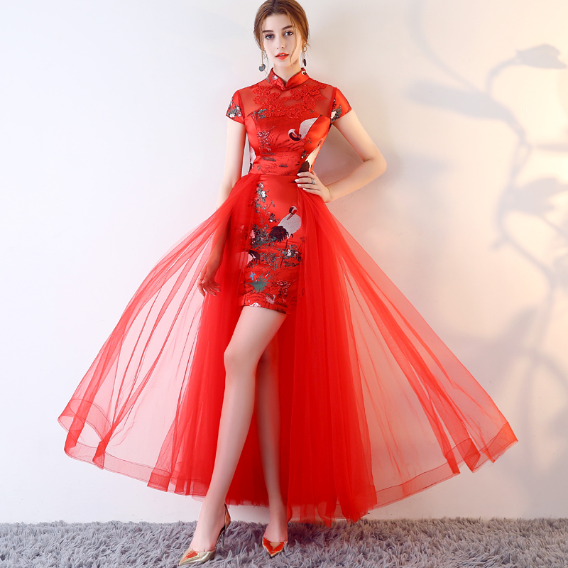 Chinese-Style Modified Cheongsam Ethnic Performance Costume 2025 Red Long Fishtail Banquet Evening Dress Catwalk Host Brocade