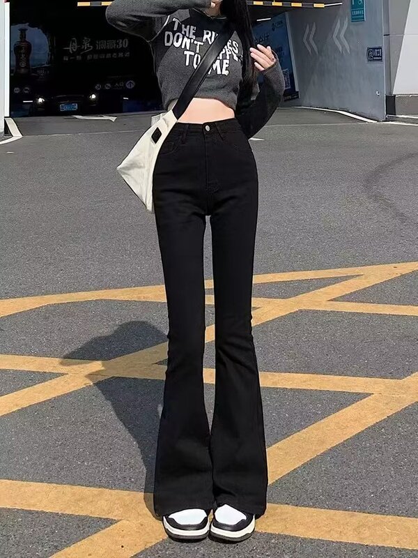 Black Flared Jeans for Women, Spring/Summer 2026, Thin, Slimming, High-Waisted, Stretchy, Wide-Leg Pants