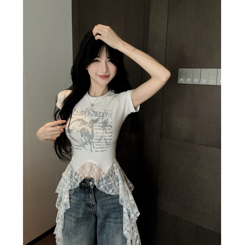 American Sweet Girl Style Stunning Lace Ribbon Short-Sleeve T-Shirt for Women, Summer Vintage Print Design Irregular Top