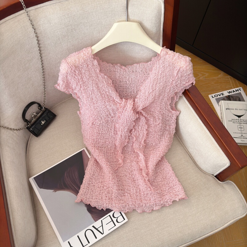 Pink Ruffled V-Neck Short-Sleeved Top for Women, New Summer Style, Slim Fit, Textured, Tie-Up Short Top
