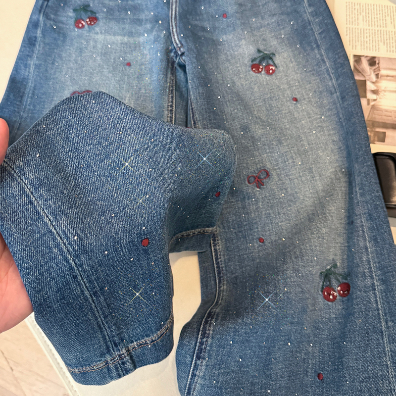 Blue Cherry Embroidered Rhinestone Jeans for Women, Autumn and Winter High-Waisted Straight-Leg Loose Slimming Lazy Age-Reducing Wide-Leg Pants