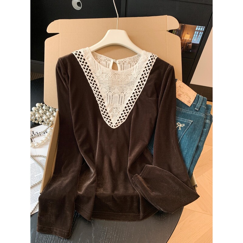 French-Style Elegant Crochet Lace Patchwork Velvet T-Shirt for Women, Autumn Elegant Versatile Slim-Fit Top
