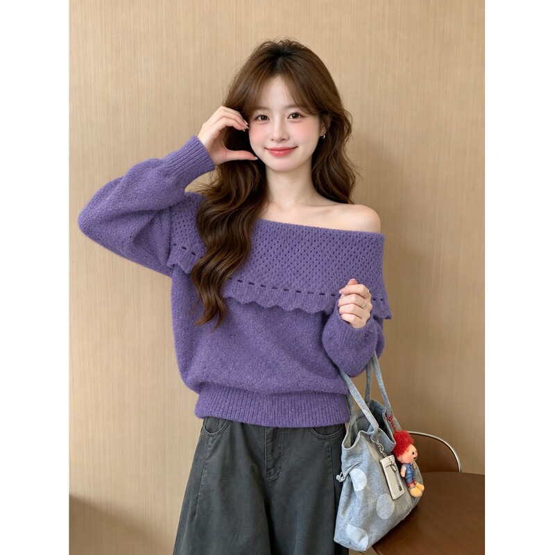Pure Desire Off-Shoulder Crochet Hollow Out Long Sleeve Knitted Sweater for Women, New Autumn Style, Loose and Lazy, Very Beautiful Sweater Top