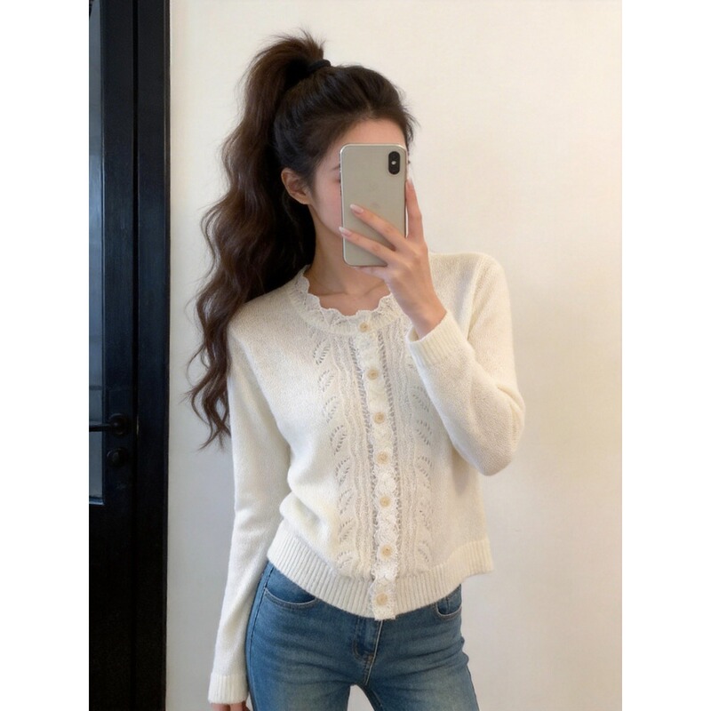 Solid Color Lace-Trimmed Knitted Cardigan for Women, New Autumn and Winter Korean Style, Loose Single-Breasted Long-Sleeved Sweater Jacket Solid Color Lace-Trimmed Knitted Cardigan for Women, New Autumn and Winter Korean Style, Loose Single-Breasted Long-Sleeved Sweater Jacket
