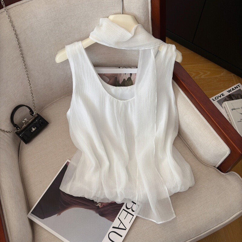 Off-White Sleeveless Top with Ribbons for Women, New Summer Korean Style, Age-Reducing, Simple, Thin Chiffon Camisole Shirt Off-White Sleeveless Top with Ribbons for Women, New Summer Korean Style, Age-Reducing, Simple, Thin Chiffon Camisole Shirt