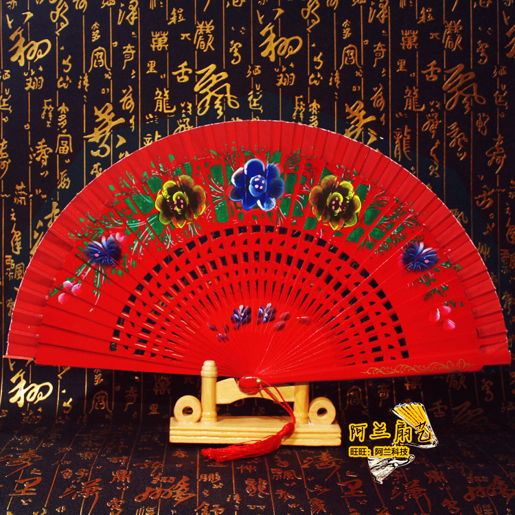 Red Dancing Fan bifacial Spanish solid wood fan dance fan Flagship Stage Walk Show Fan Craft Folding Fan