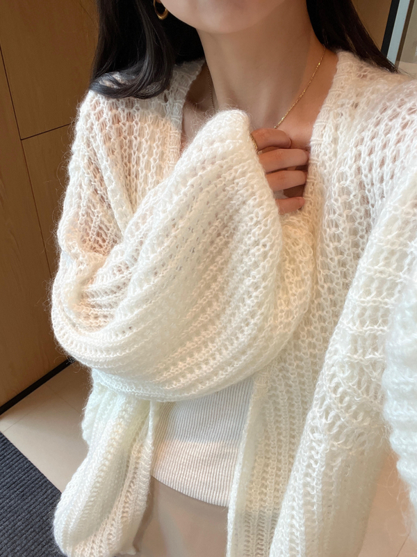 Early Autumn Elegant Hollow-Out White Mohair Knit Cardigan for Women 2026, Lazy Style Slimming Lantern Sleeve Sweater Coat