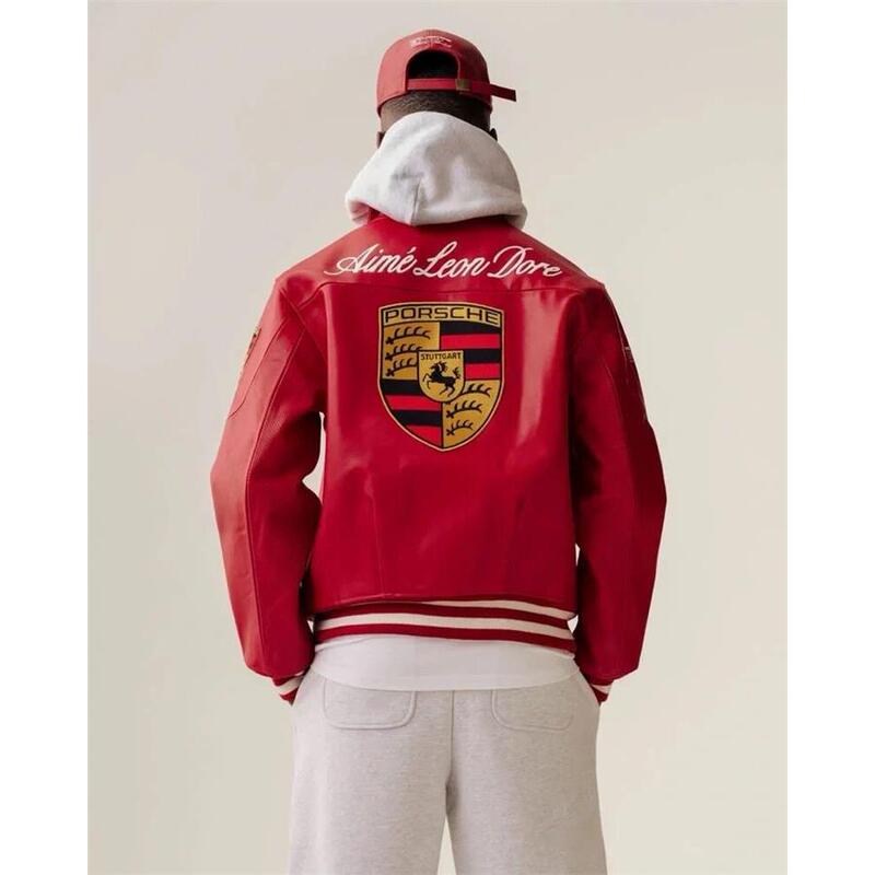 Porsche Racing Jacket Collaboration with James Motors Motorcycle Badge Embroidery Unisex New Year Horse Year Leather Jacket