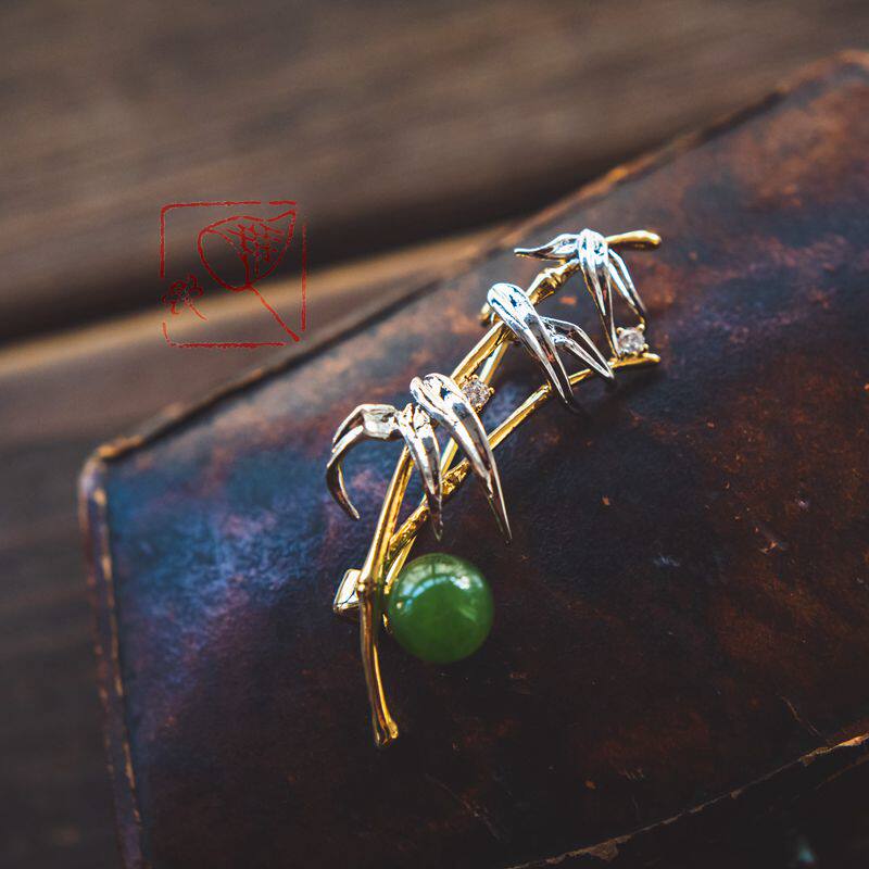 Yuzhu Bamboo Hetian Jasper Akoya Seawater Pearl Brooch National Wind