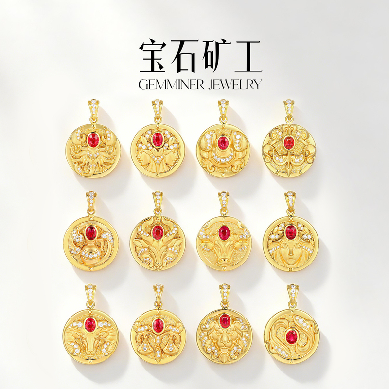 Gemstone Miner's New Product [Twelve Constellations] 18K Gold Natural Ruby Pendant Diamond Pendant for Women Double-Sided