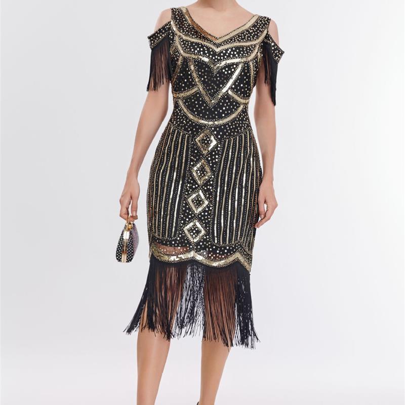 1920S Vintage Evening Dress with Fringe, Sequin Beaded Gown for Banquets and Parties, Great Gatsby Dress
