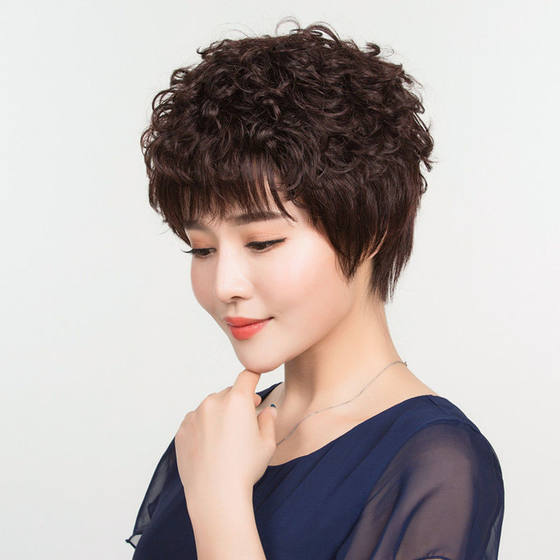 Middle-aged and elderly women with short hair, full real hair, mother style real hair, short curly hair, fashionable chemotherapy wig, hair cover