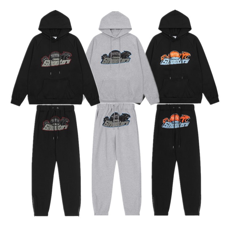 American-Style Trendy Trapstar Blue-Gray Tiger Head Gradient Towel Embroidery Unisex Couple Sweatshirt and Pants Casual Set