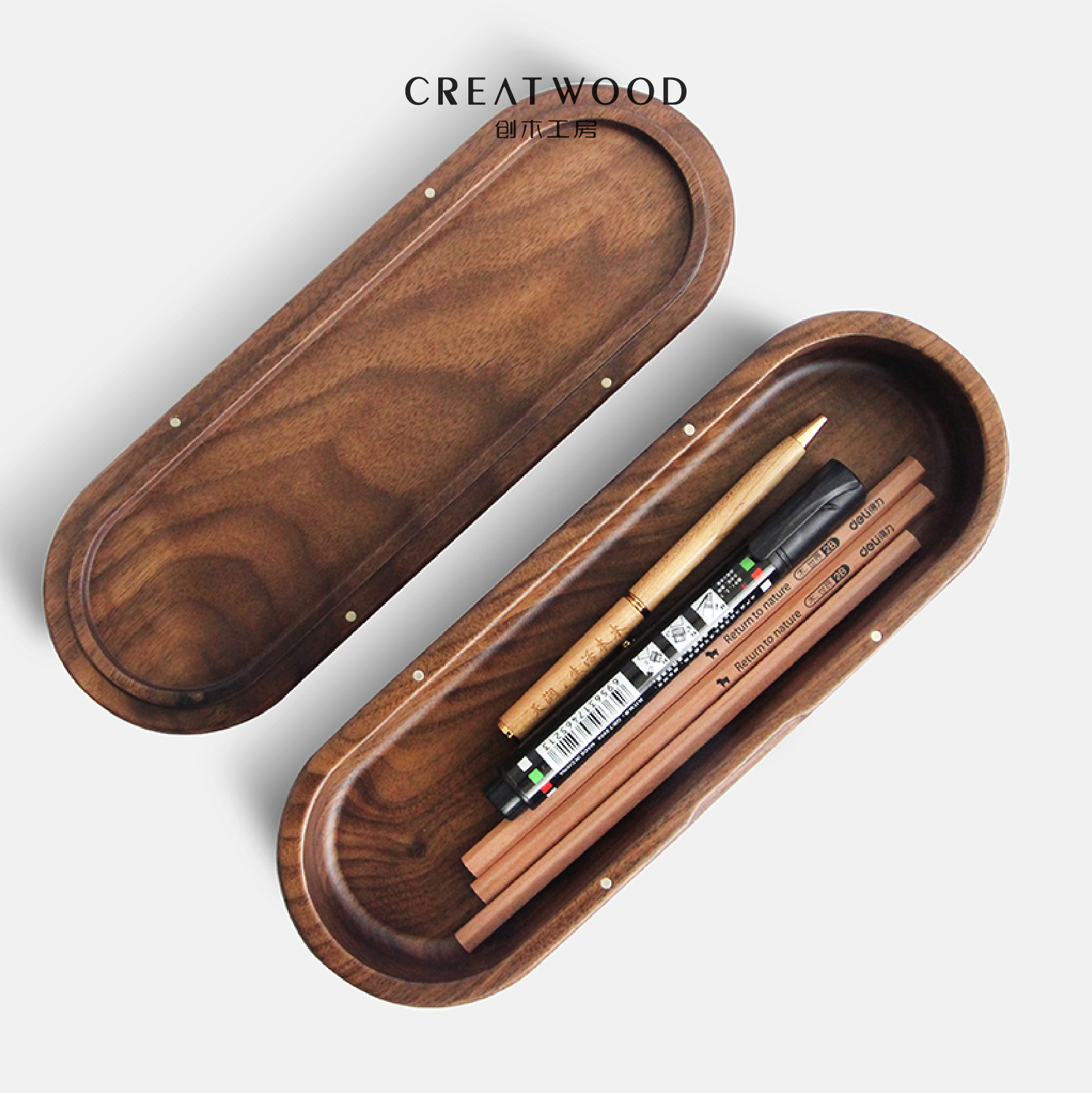 (Oval Storage Box) Black Walnut Stationery Box Desktop Storage Box Solid Wood Pen Box Tableware Box Chuangmu Workshop