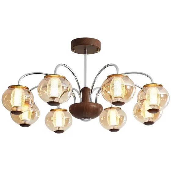 French Mid-Century Style Living Room Lamp, American Retro Vintage Dining Room Study Lamp, Walnut Wood Bedroom Room Chandelier