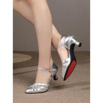 Genuine leather dance shoes for women adult medium low-heeled soft-soled Latin dance shoes summer new square social dancing sandals