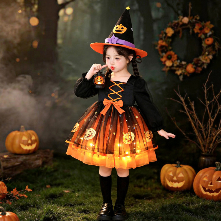 Girls' Halloween Character Cosplay Witch Dress with Glowing Pumpkin Long Sleeves Performance Lolita Princess Dress