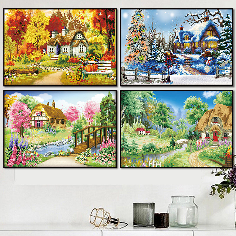 Four seasons scenery cross stitch diamond embroidery 2022 new full diamond living room spring, summer, autumn and winter pastoral quadruple diamond painting