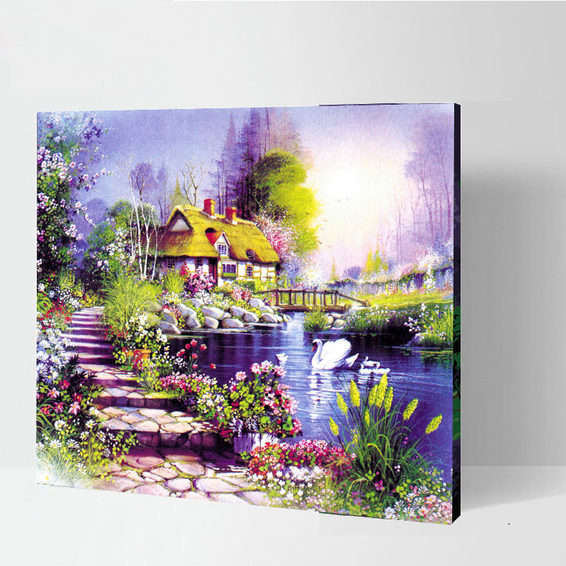 Cross stitch diamond embroidery 2022 new crystal full diamond living room small bridge flowing water scenery pastoral point brick stone painting 5D