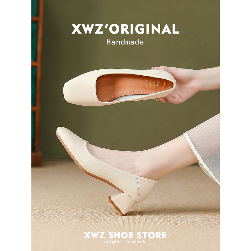 Super Soft! Genuine Leather French-Style Mid-Heel Shallow Square-Toe Chunky Heel Nude Shoes, Cheongsam Shoes, Work Leather Shoes, Commuting Women's Shoes Super Soft! Genuine Leather French-Style Mid-Heel Shallow Square-Toe Chunky Heel Nude Shoes, Cheongsam Shoes, Work Leather Shoes, Commuting Women's Shoes