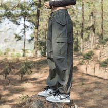 Military green American retro overalls for women petite spring and autumn functional style straight slim loose and versatile casual pants