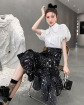 2021 Summer Lantern Sleeve Skirt Retro Girl Nail Bead Top Irregular dark print punk skirt