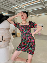 Monet oil painting French rose elegant retro slim body bubble sleeve short Bud dress 21 years new female summer