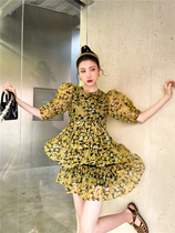 Zhang Ruonan same 2021 new summer French print crewneck bubble sleeve cake skirt dress skirt dress skirt women