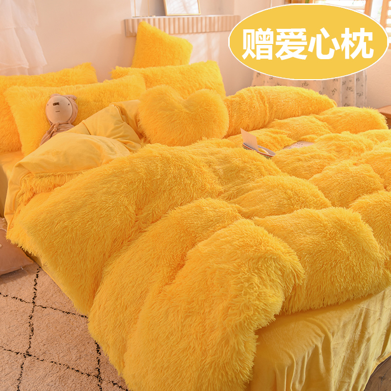 Thickened cloud mink suede four pieces of warm and double-sided suede princess wind bed with long fur coral suede and velvet crystal suede crystal suede