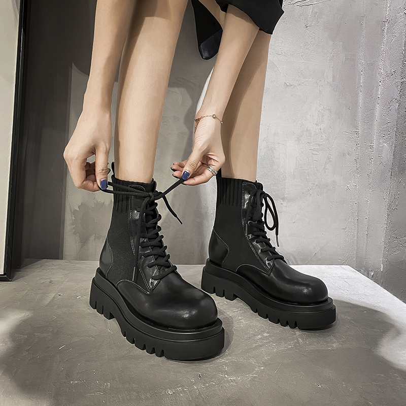 mona coals shoes ins Chains with short boots thick bottom heightening genuine leather Martin boots Women Inn Wind 100 lap elastic boots Sox boots