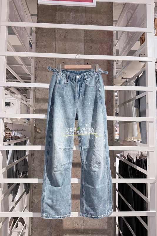 Wm New Product Wmanagement Official Genuine Product American Retro Rhinestone Jeans with Adjustable Waist and Scimitar Cut