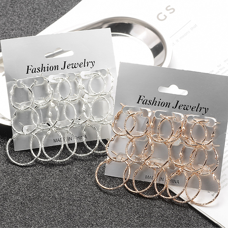 European and American size 9 pairs of combined circle suit earrings men and women exaggerated fashion earrings rock street punk earrings