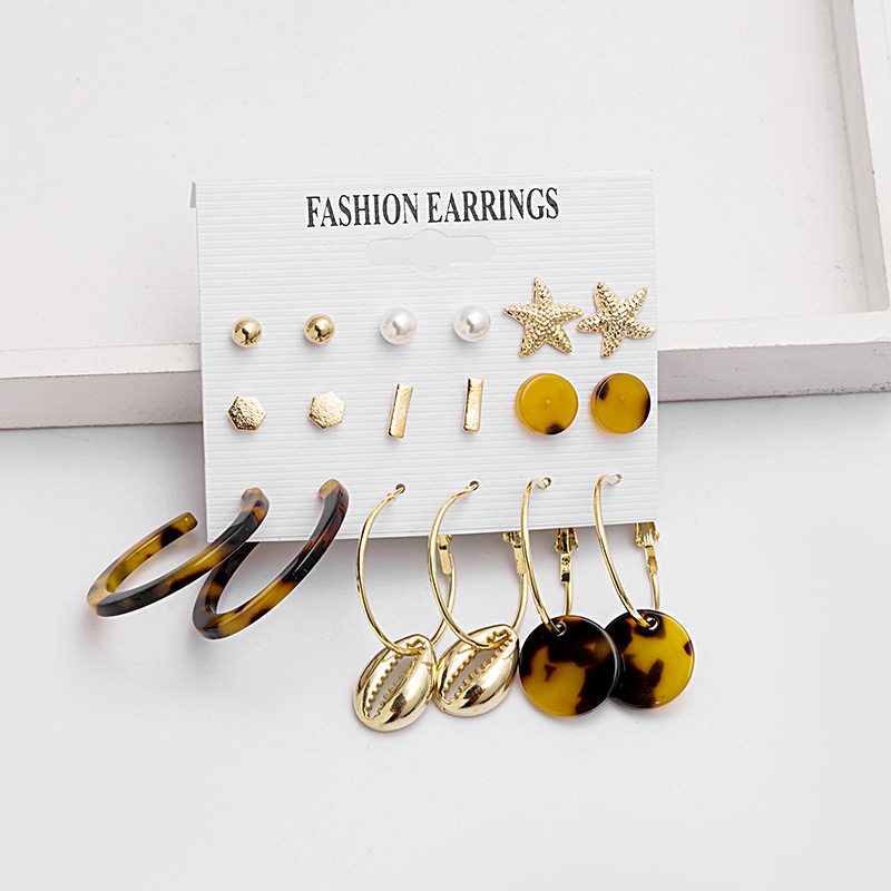 Europe and the United States all-match multi-pair earrings metal exaggerated personality acetic acid acrylic BAO WENC circle shell 9 pairs of ear pins