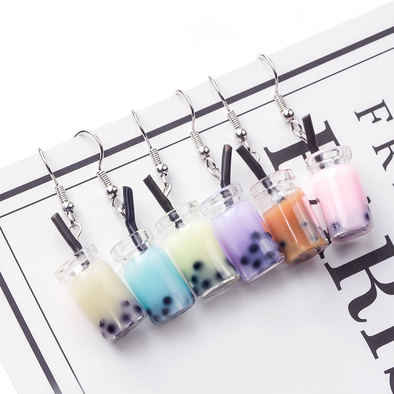 Japan-ROK new fun milk tea fruit cup beverage bottle earrings personality with ear-hole children's ear drop ear pin