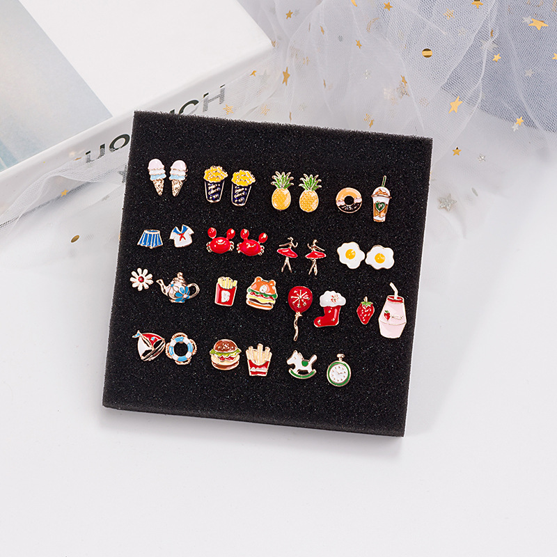 Japanese and Korean cartoon dripping oil asymmetric small ear needle creative poached egg animal Fruit strawberry milk burger earrings