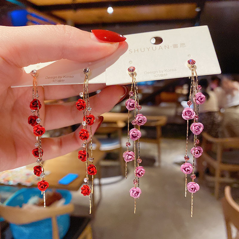 Japan and South Korea super fairy purple rose tassel earrings flower long version S925 silver needle diamond ear needle temperament wild earrings