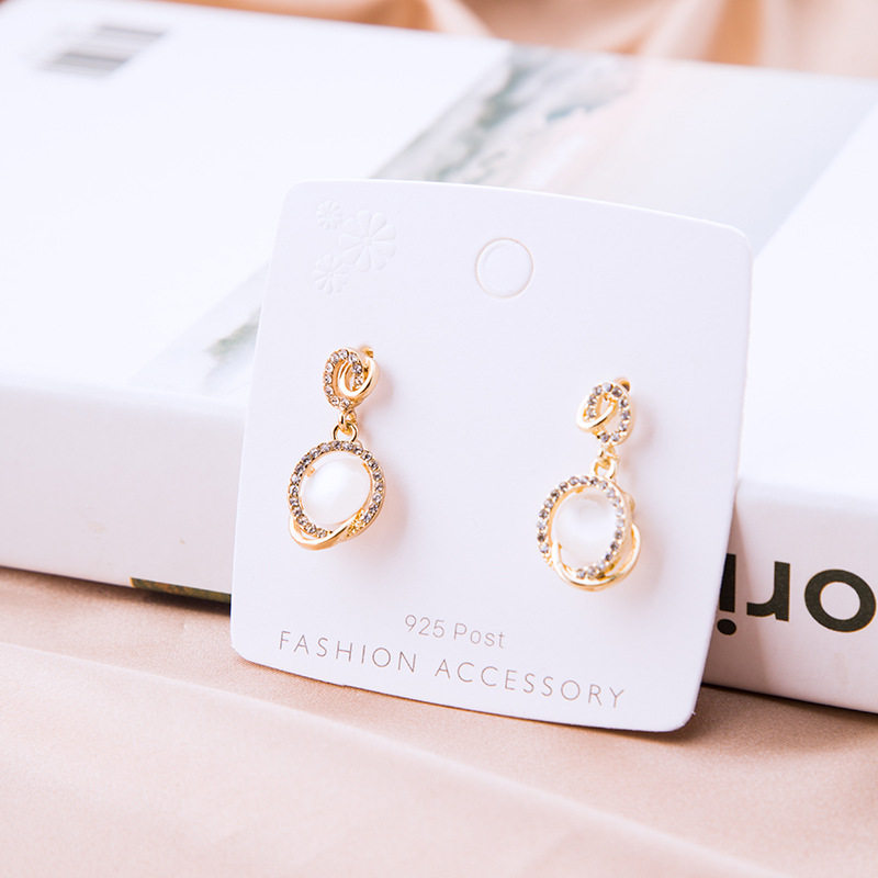 925 silver needle Japan and South Korea new gem trend three-dimensional cat eye diamond earrings simple long version all-match circle earrings