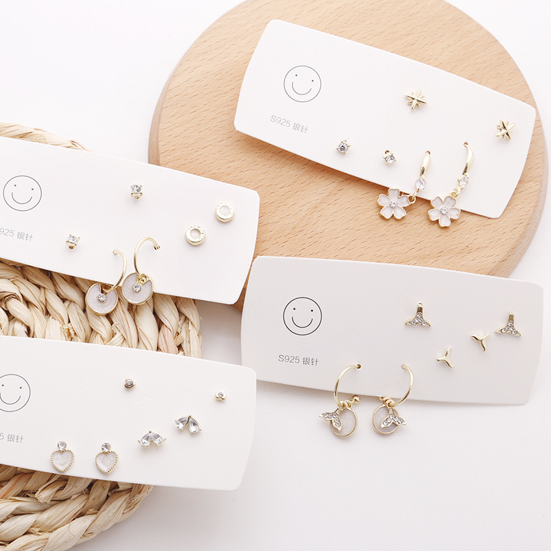 S925 Silver Needle Shell Rhinestone Love Flower Earrings Fishtail Round Three Pairs of Ear Needles Simple and Small Geometric Set